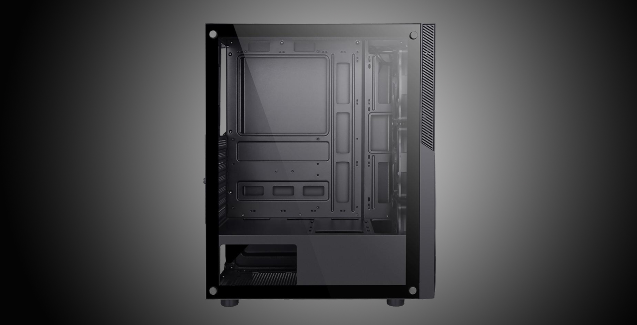 A SAMA M2 ATX Mid Tower Computer Case has the tempered glass panel facing front